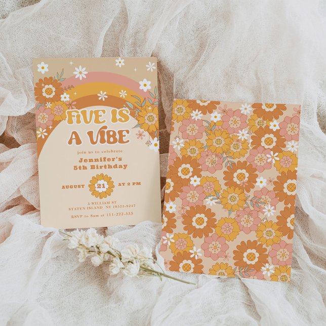Five is a vibe retro groovy birthday Invitation (Creator Uploaded)