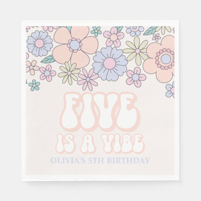 FIVE is a Vibe Retro pastel Floral 5th birthday Napkin (Front)