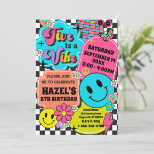 Five is a Vibe Retro Smile Groovy Birthday Party  Invitation