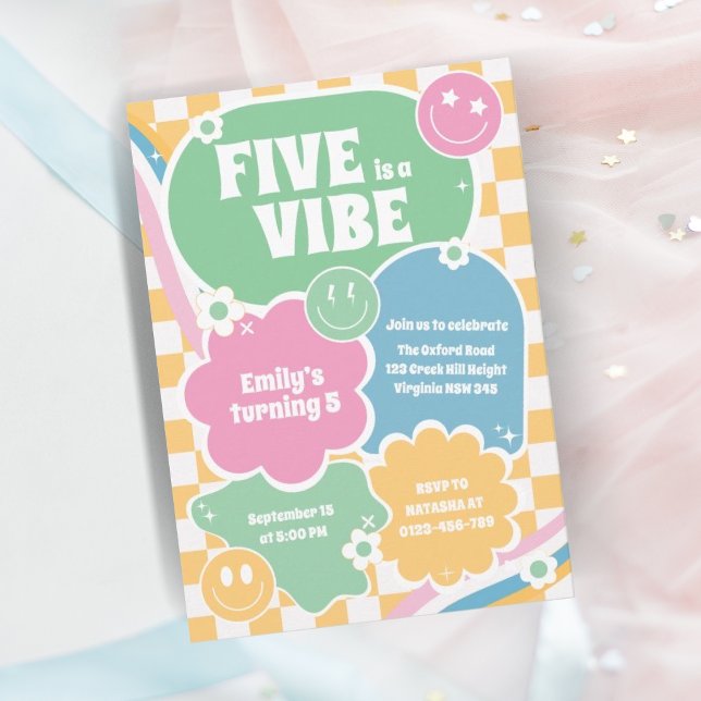 Five is a Vibe Retro Smiles Fifth Birthday Invitation (Creator Uploaded)