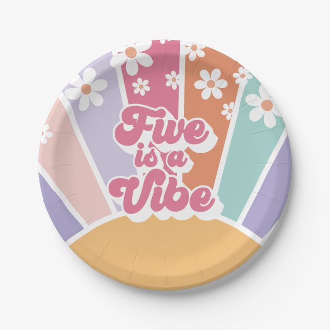 Five is a Vibe Retro Sunshine Rainbow Daisy Paper Plate (Front)