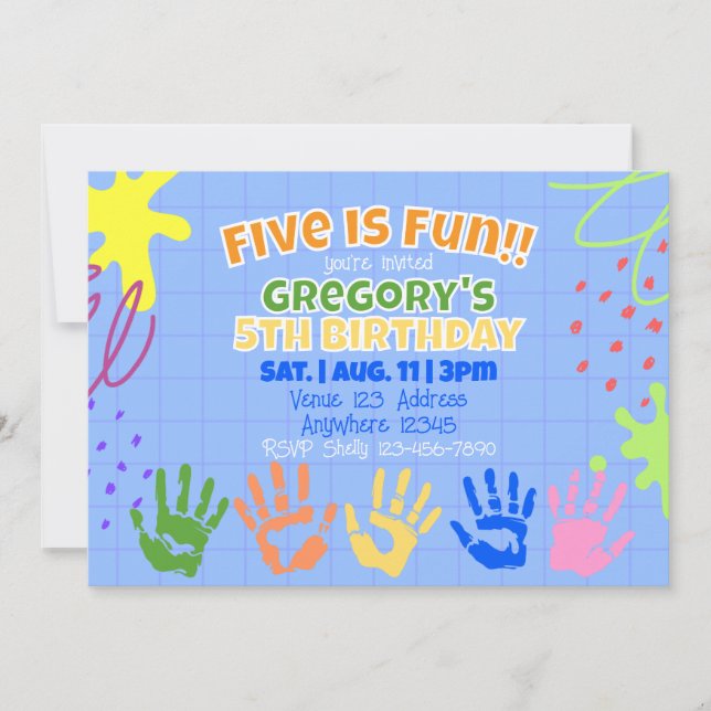 Five is Fun, Colourful Painted Hand 5th Birthday Invitation (Front)