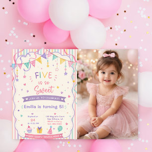 Five is so Sweet girl 5th birthday Invitation