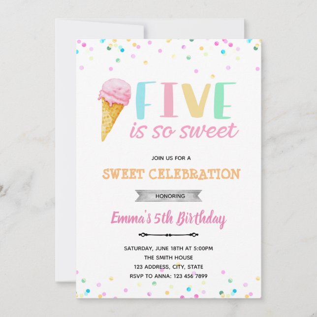 Five is so sweet ice cream invitation (Front)