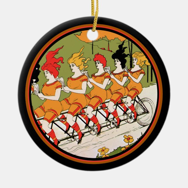 Five Ladies on  a Unicycle Ceramic Ornament (Front)