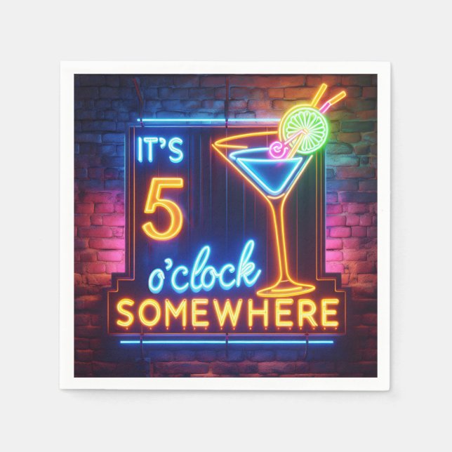 Five O' Clock Somewhere Neon Sign On Brick Napkin (Front)