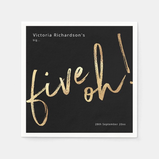 Five Oh 50th Birthday Black Gold Foil Simple Chic Napkin (Front)