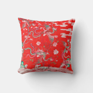 Five Phoenixes in Garden Chinese Red Floral  Throw Pillow