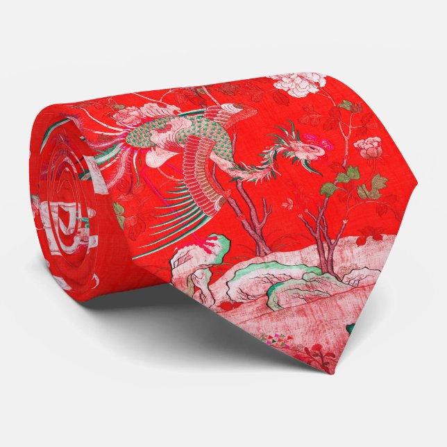 Five Phoenixes in Garden Chinese Red Floral  Tie (Rolled)