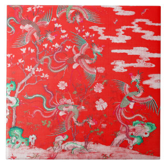 Five Phoenixes in Garden Chinese Red Floral Tile