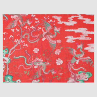 Five Phoenixes in Garden Chinese Red Floral Tissue Paper