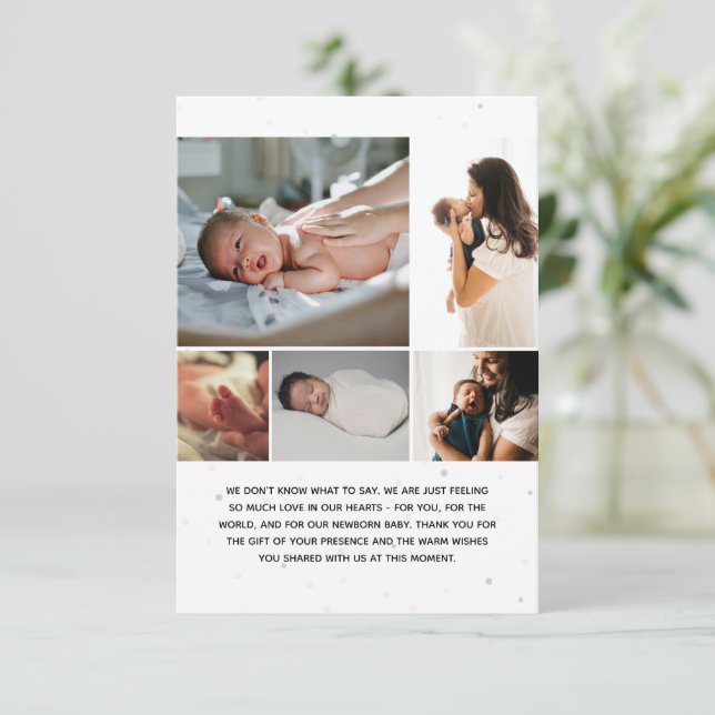 Five Photo Collage Birth Announcement Message (Standing Front)