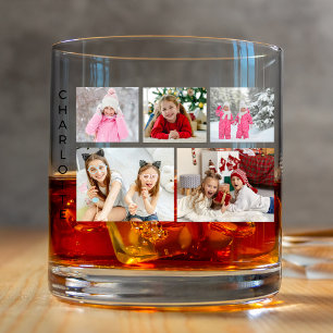 Five Photo Collage Personalized Name Whiskey Glass