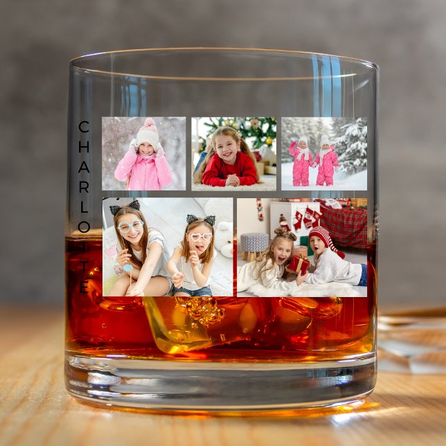 Five Photo Collage Personalized Name Whiskey Glass (Creator Uploaded)
