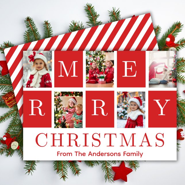 Five Photo Collage Red & White Merry Christmas Holiday Card (Five Photo Collage Red & White Merry Christmas Holiday Card)