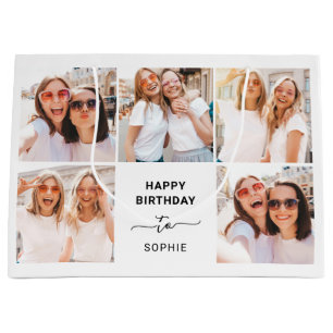 Five Photo Grid   Black and White Happy Birthday Large Gift Bag