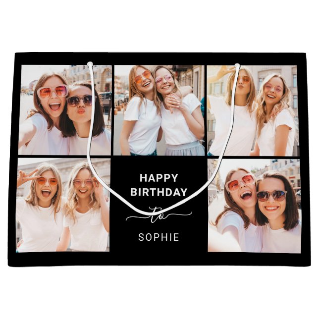 Five Photo Grid | Black Happy Birthday Large Gift Bag (Front)