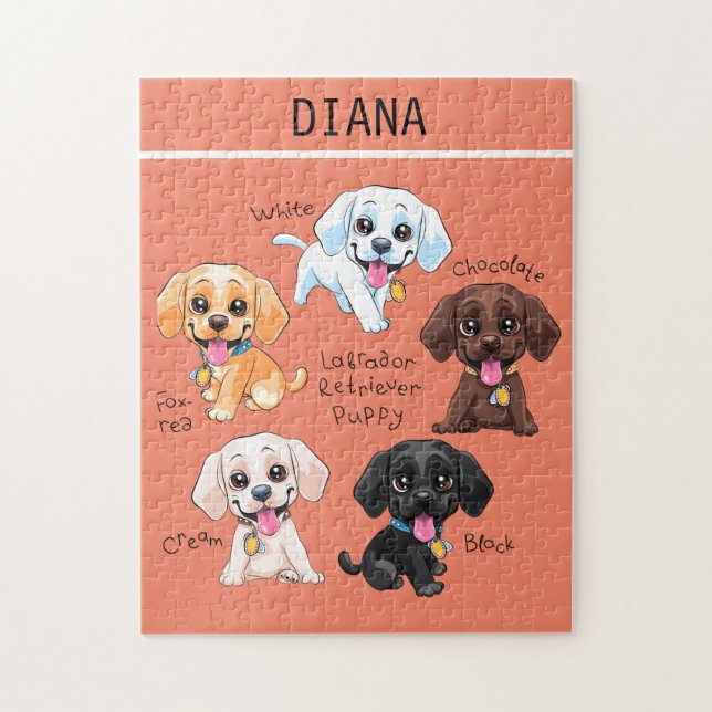 Five puppies puzzle with personalized name. (Vertical)