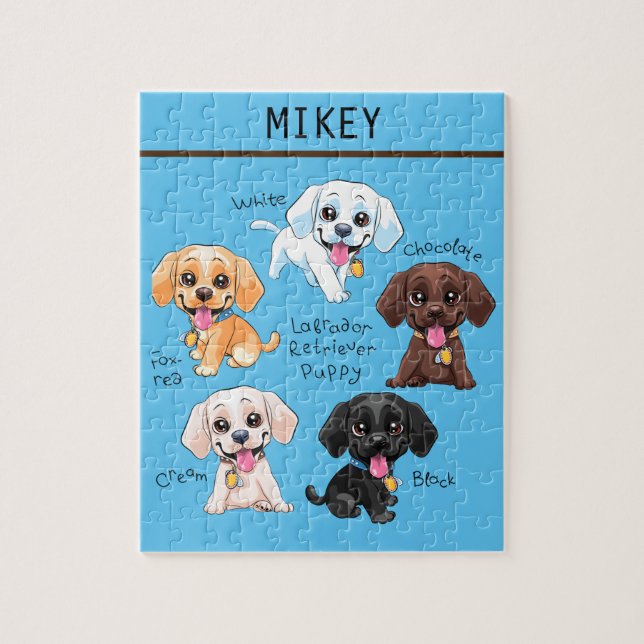 Five puppies puzzle with personalized name. (Vertical)