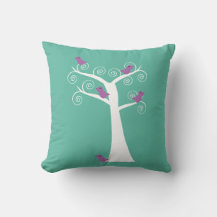 Five Purple Birds in a Curly Tree on Teal Throw Pillow