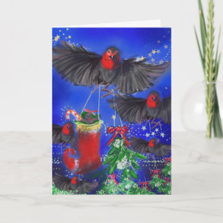 Five Robins with Mistletoe and Xmas stocking Holiday Card