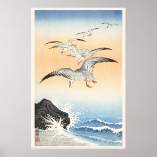 Five Seagulls Above Turbulent Sea Japanese Fine Poster