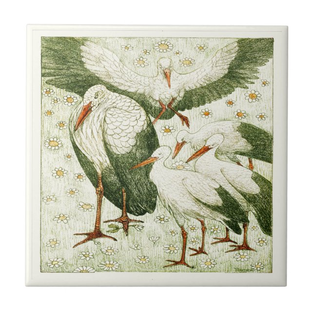 Five Storks in a Meadow Dutch Victorian Art Tile (Front)