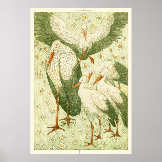 Five Storks in a Meadow Poster (Front)