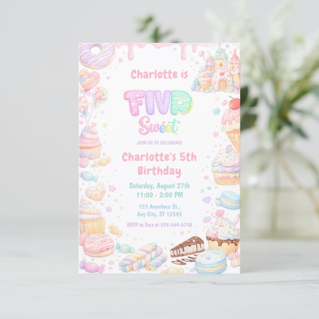 Five Sweet Pastel Candy 5th Birthday Invitation (Standing Front)