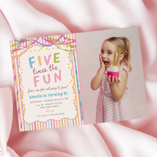 Five Times The Fun Colourful 5th Birthday Photo Invitation