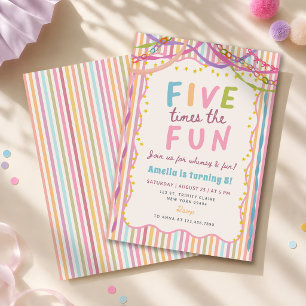 Five Times The Fun Colourful Girl 5th Birthday Invitation