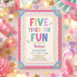 Five Times The Fun Whimsical Girl 5th Birthday Invitation