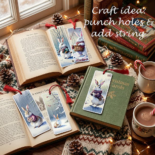 Five whimsical snow bunnies Christmas bookmark set