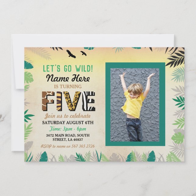 Five Wild 5th Birthday Party Safari ZOO Photo Invitation (Front)