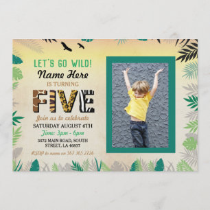 Five Wild 5th Birthday Party Safari ZOO Photo Invitation