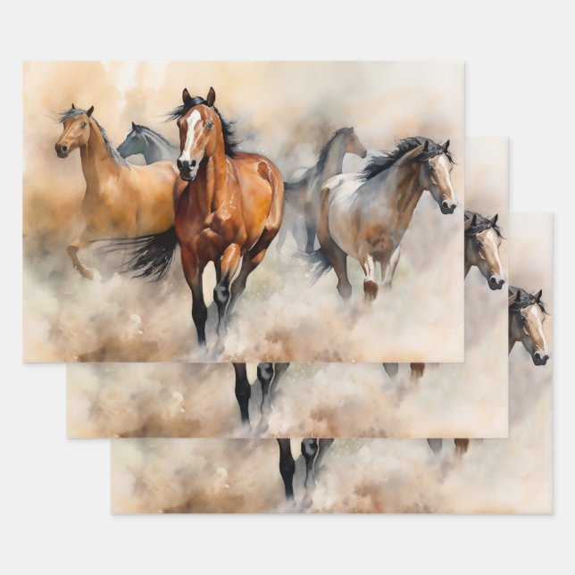 “Five Wild Mustangs” Dusty Western Watercolour Wrapping Paper Sheet (Set)
