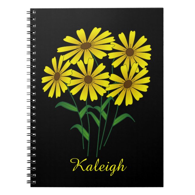 Five Yellow Flowers on Black Personalized Notebook (Front)