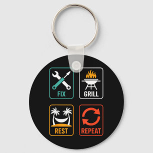 Fix Grill Rest Repeat Funny BBQ Grilling Dad Keychain