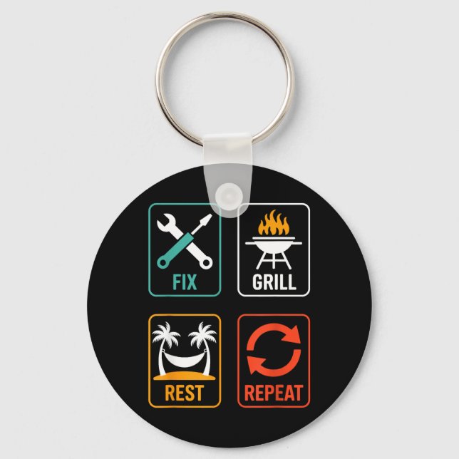 Fix Grill Rest Repeat Funny BBQ Grilling Dad Keychain (Front)
