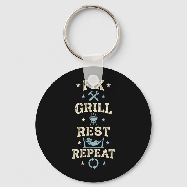 Fix Grill Rest Repeat Funny Handyman Bbq Men Keychain (Front)