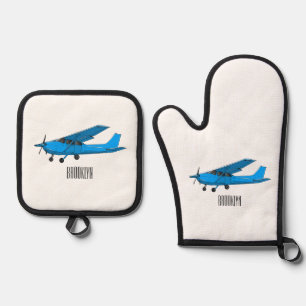 Fixed-wing aircraft cartoon illustration oven mitt & pot holder set