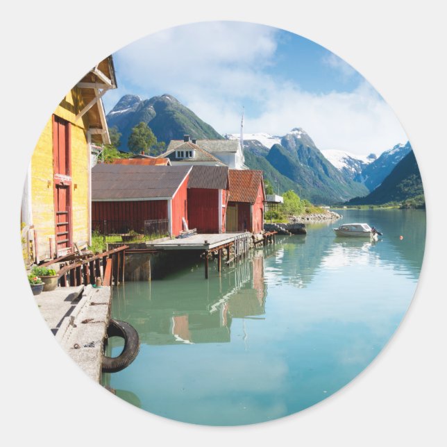Fjaerlandsfjord fjord landscape in Norway Classic Round Sticker (Front)
