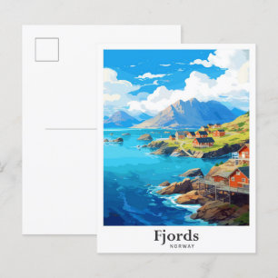 Fjords Norway Art Vintage Travel Illustration Postcard