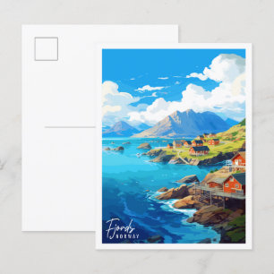 Fjords Norway vintage travel illustration Postcard