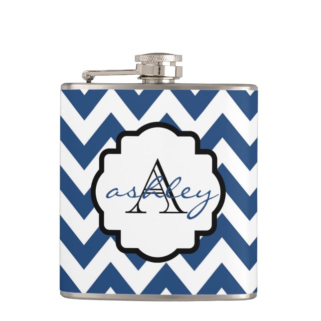 Flacon monogramme bleu et blanc Chevron de la Mari (Devant)