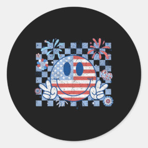Flag 4th Of July Groovy Smiling Face Chequered Men Classic Round Sticker