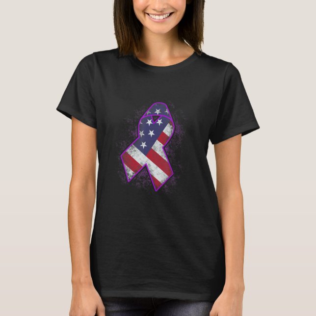 Flag American Alzheimers Awareness Purple Ribbon W T-Shirt (Front)