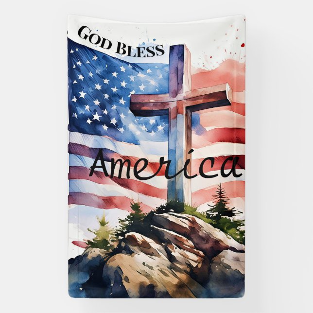 Flag and cross "God Bless America" Banner (Vertical)