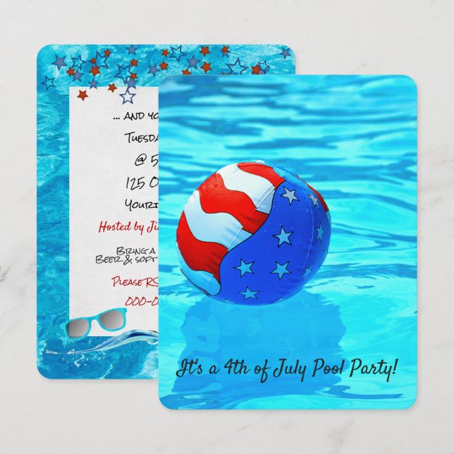 flag beach ball in pool for 4th of July party Invitation (Front/Back)
