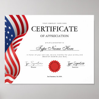 Flag Certificate of appreciation, recognition Poster